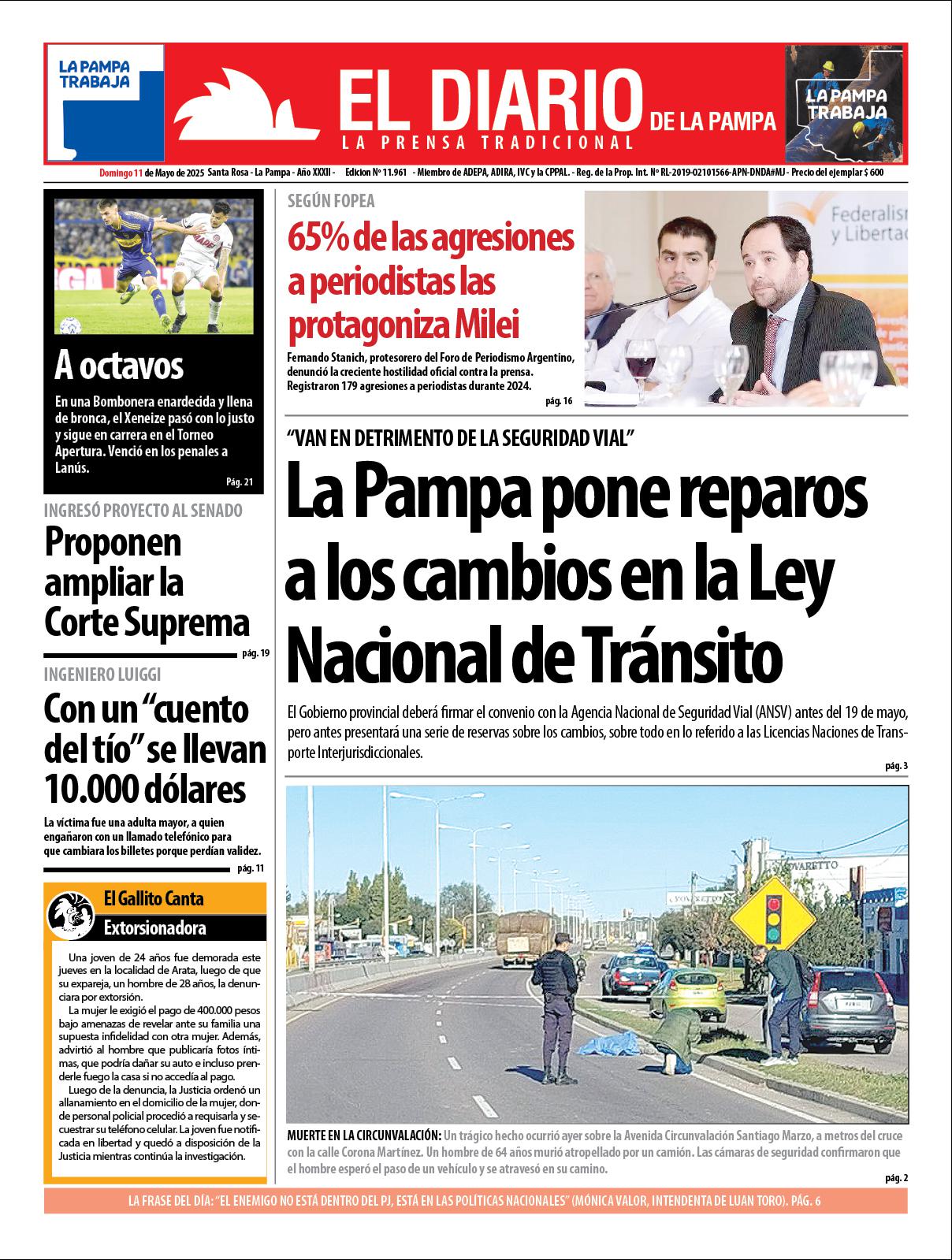 Tapa de El Diario en papel  domingo 11 de mayo de 2025